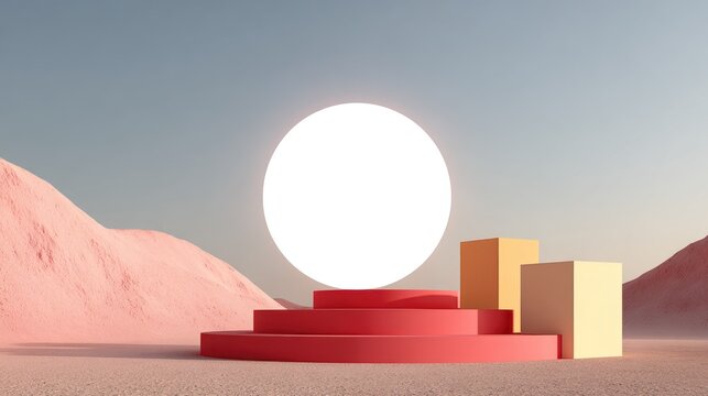 Minimalist geometric display platform emerges from a textured, arid landscape beneath a luminous orb
