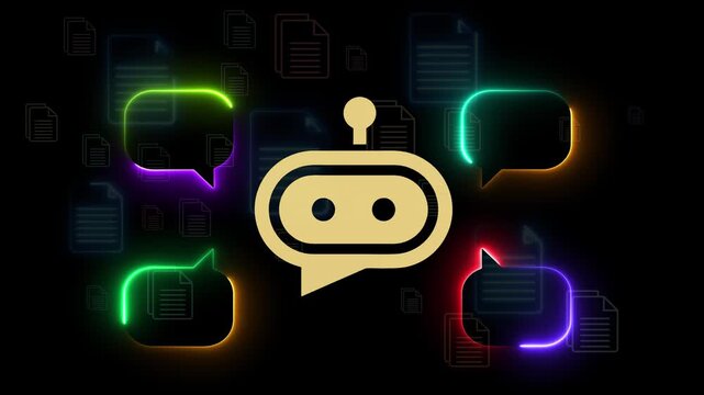 Retrieval-Augmented Generation RAG concept on the black background. Semantic search for enterprise internal documents. Motion graphics of AI chat bot icon.