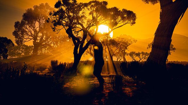 CGI Human Evolution: Lucy the Australopithecus Afarensis at Sunset
