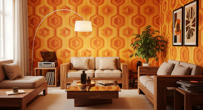 Stylish 1970s retro living room with vibrant orange geometric wallpaper wooden furniture and a classic white arc floor lamp. Minimalist Interior Design