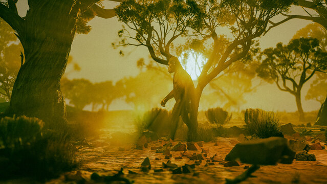 CGI Human Evolution: Australopithecus Africanus at Sunset earyl human