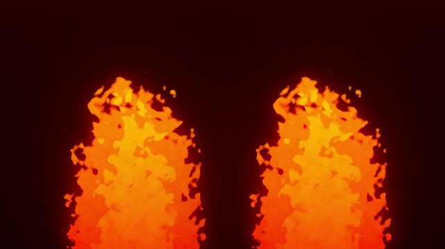 Cartoon style 2D fire burning in two vertical columns with glowing orange and yellow flames isolated on a dark background for visual effects