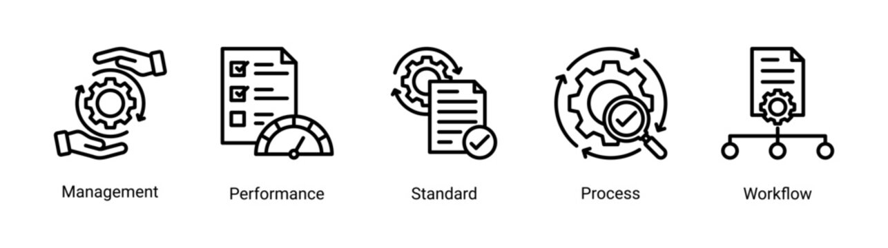 Process Management icon set featuring workflow,management,standard,and performance concepts.Ideal for business operations,system control,and productivity improvement.