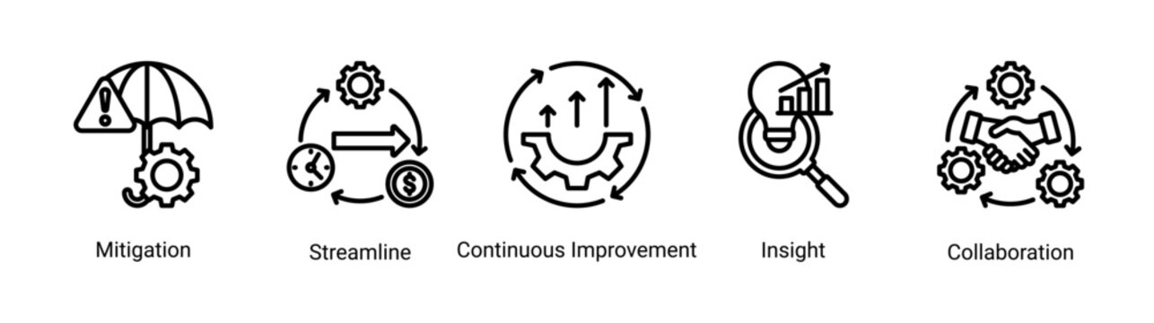 Process Management icon set featuring continuous improvement,insight,collaboration,and streamline concepts.Ideal for business optimization,workflow enhancement,and system growth.