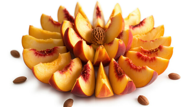 Sliced fresh peach fruit arranged in a circular pattern with almond nuts on white background