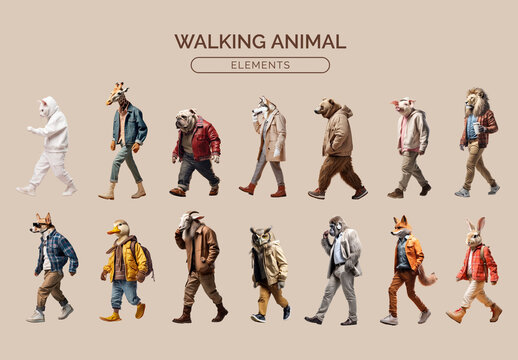 Anthropomorphic Animals Walking Fashionably Element Set