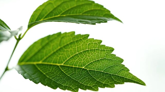 Closeup macro shot of vibrant green leaves with detailed vein patterns isolated on white background