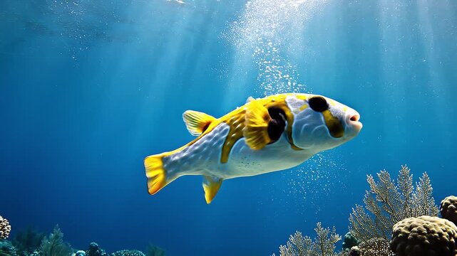 Vibrant Yellow and White Pufferfish Swimming Near Coral Reef
