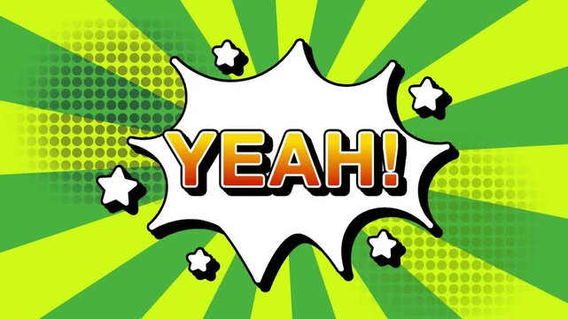 Yeah text word lettering popup comic cartoon reveal with bomb and smoke explosion manga anime book page dots with radial speed lines doodle green background with seamless loop animation retro clip