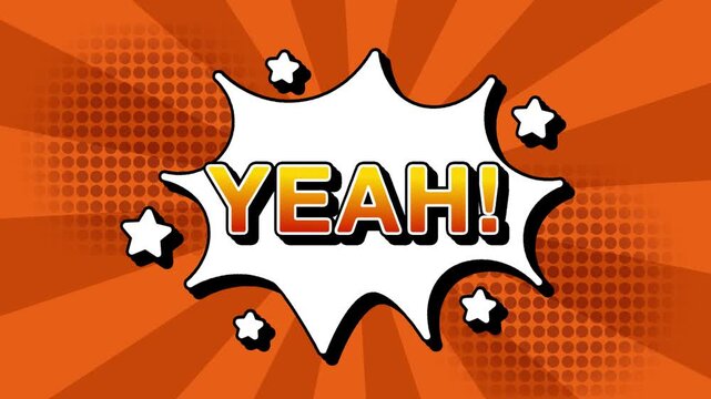 Yeah text word lettering popup comic cartoon reveal with bomb and smoke explosion manga anime book page dots with radial speed lines doodle orange background with seamless loop animation retro clip