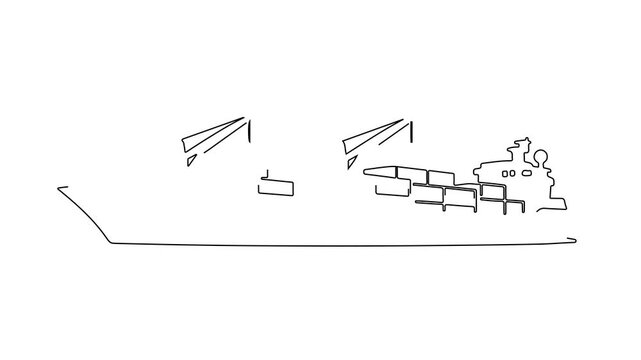 continuous one line cargo ship drawing animation maritime line art motion graphic white background