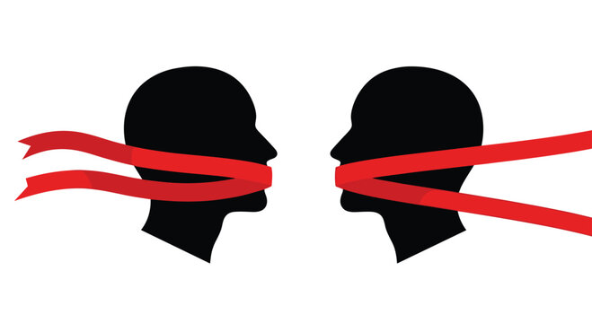 Two dark human head silhouettes are positioned facing each other with bright red ribbons wrapped tightly around their mouths on a solid white background.
