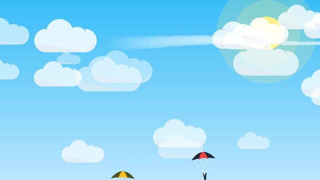 Airplane flies through bright blue sky with fluffy clouds, sun shining through haze, extreme sports concept