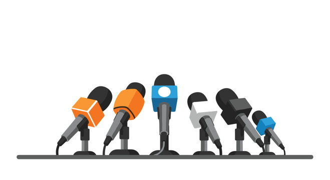 Six diverse microphones featuring square brand flags in various solid colors are arranged in a horizontal row on a flat base against a neutral white background.