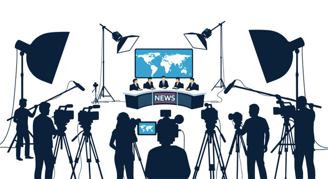 News reporters sit at a curved desk beneath a world map display while surrounded by a camera crew and large professional lighting softboxes in a studio.