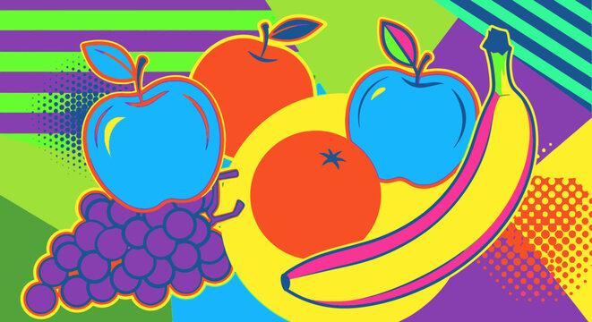 Colorful fruit composition vibrant pop art style digital illustration apple banana grape orange