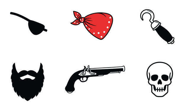 Collection of pirate-themed icons including an eyepatch, bandana, hook, beard, pistol, and skull.