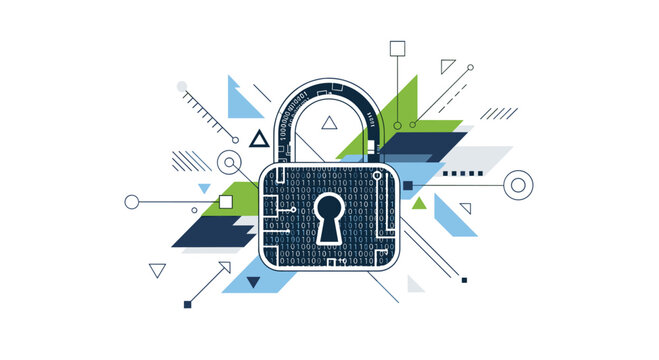 Abstract lock icon filled with binary code, placed on a dynamic background of geometric shapes and lines in blue, green, and black.