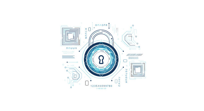 Futuristic digital lock with a keyhole, circuit lines, QR codes, and binary data, representing advanced cyber security and technology.