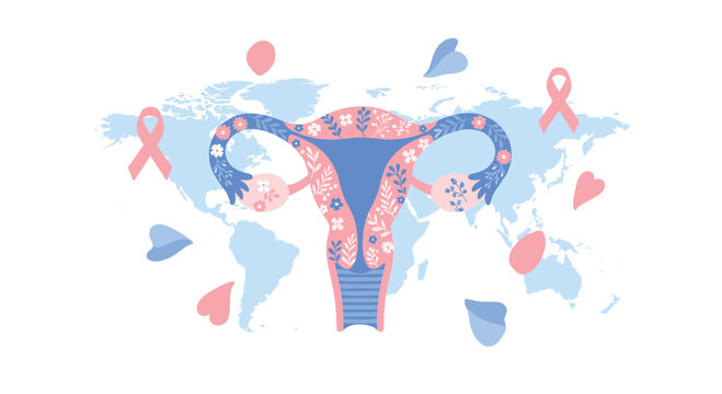 A light blue world map serves as the background for a central illustration of a human uterus accented with floral patterns and pink awareness ribbons in a flat design.