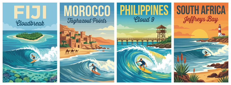 Vintage surfing destinations travel poster set. Including fiji cloudbreak, morocco taghazout, philippines cloud 9, and south africa jeffreys bay. Retro vector illustration.