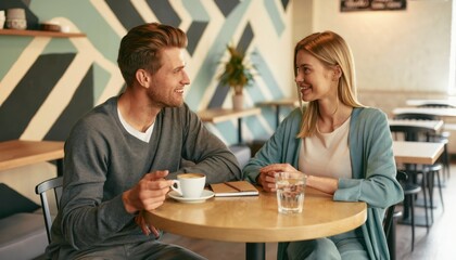 Fototapeta premium Coffee Date: A man and woman enjoy a moment of connection during a coffee date at a cafe, their eyes locked in mutual admiration.
