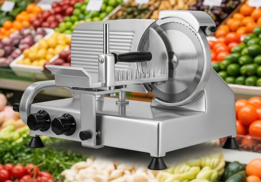 Commercial meat slicer in a well-stocked deli or butcher shop setting