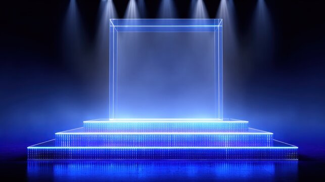 Illuminated presentation stage features a glowing cubic frame surrounded by dramatic spotlights