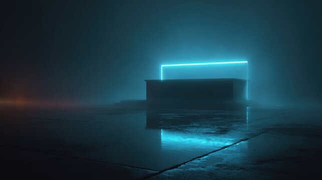 Dark, atmospheric stage setup features a glowing rectangular frame over a low platform in a foggy environment.
