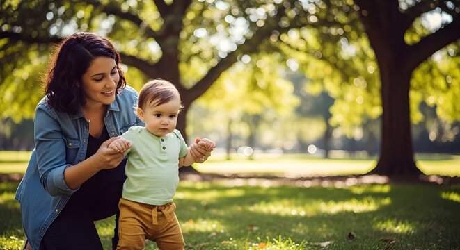 mother teaching child to walk outdoors 