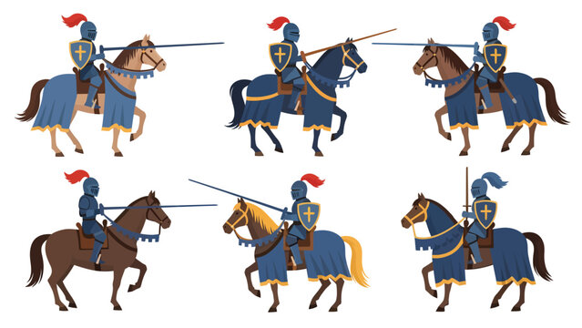 Collection of knights in armor on horseback, ready for jousting or battle, with lances and shields.