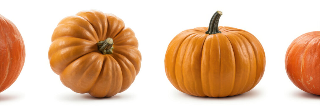 Several ripe orange pumpkins arranged in a row isolated on a white background