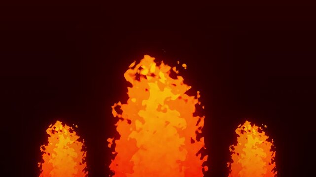 Stylized 2D fire animation with three burning flames against a dark backdrop for video games and cartoon motion graphics projects