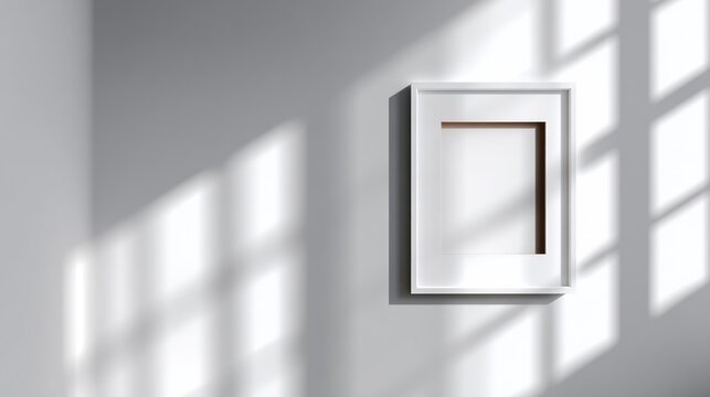 Minimalist empty picture frame hangs on a gray wall illuminated by strong window light and shadow patterns