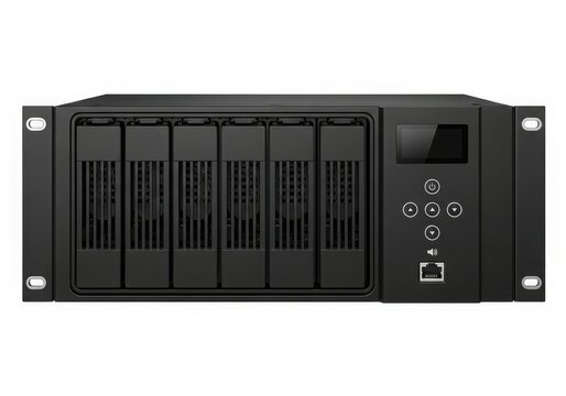 Black high-capacity enterprise storage server with multiple drive bays and front panel controls