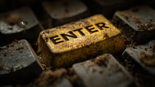Enter key keyboard computer dirt dust Close up of dirty keyboard with gritty dirt and dust, yellow enter key highlighted low light, dramatic macro