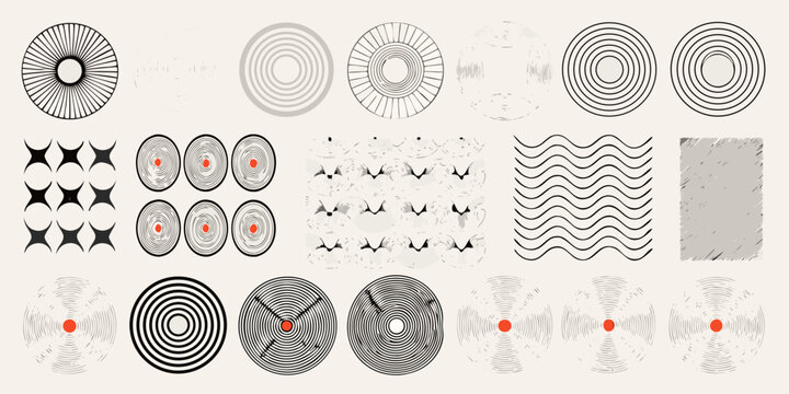 collection of monochromatic spiral and wave patterns arranged in a grid format on a white background