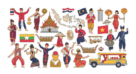 Fototapeta premium Cultural icons and symbols of Southeast Asia.