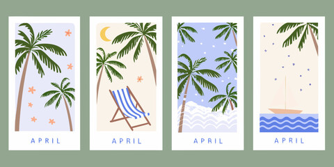 Obraz premium Four minimalist illustrated cards featuring palm trees beaches and coastal scenes in pastel colors