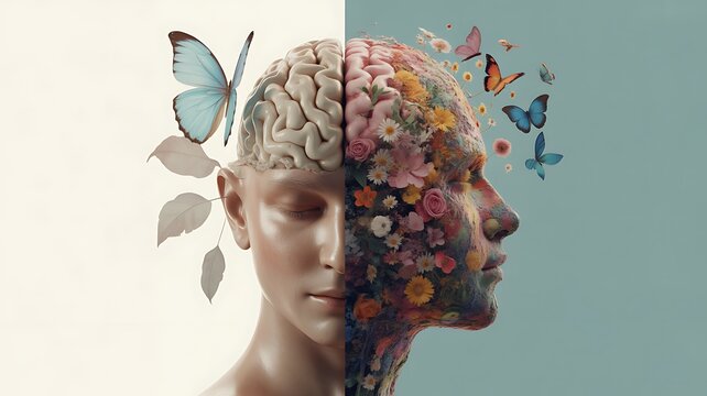 Split face revealing human brain and leaves contrasting with colorful flowers and flying butterflies