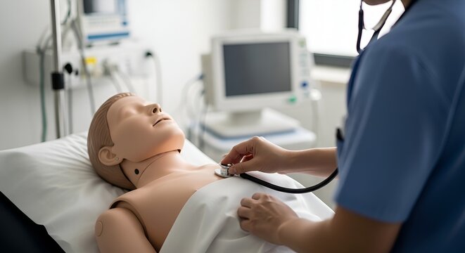 Medical training dummy with doctor using stethoscope in hospital