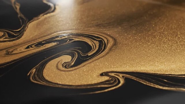 Cinematic seamless loop of black liquid waves with glowing golden highlights flowing continuously like silk soft studio lighting enhancing depth and reflection minimal premium corporate background ult