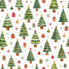 Naklejka premium Christmas tree seamless pattern with gifts ornaments snowflakes and stars soft watercolor holiday background design