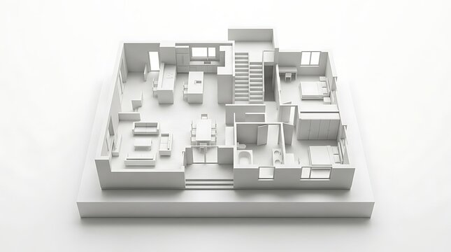 Architectural Floor Plan Miniature: A detailed 3D model of a house floor plan showcasing interior layout with furniture and staircases, presented in a minimalist white aesthetic.
