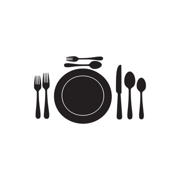 Formal Dinner Place Setting Silhouette &mdash; Elegant Table Setup with Plate, Fork, Knife and Spoon Flat Lay Vector Illustration on White Background