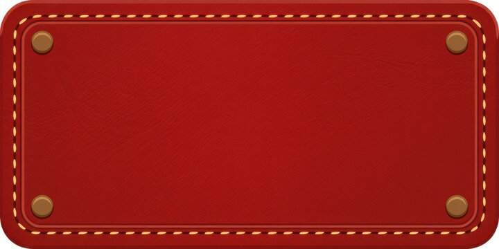 Rectangular red leather label with stitched edges and four metallic rivets on white background