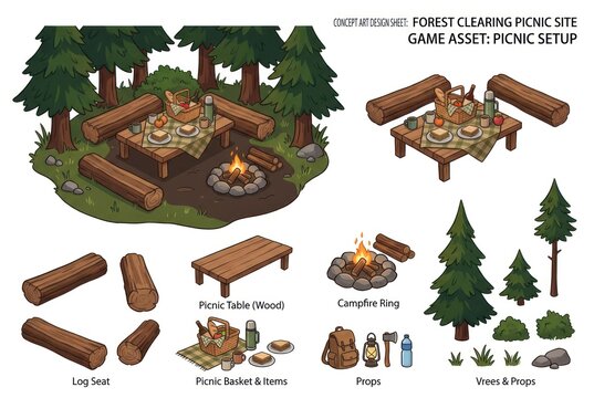 Forest Camping Clearing Setup with Fire Pit and Seating Area.