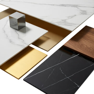 Stacked samples of white marble, black marble, wood, and gold metal sheets