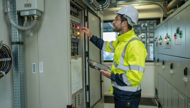 Technical Assessment: An experienced engineer inspects an electrical panel in a sophisticated industrial environment, focused and prepared.