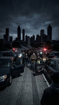 Urban crowd in panic amid EMP threat on dimly lit highway, surrounded by cars under a stormy sky with a city skyline backdrop